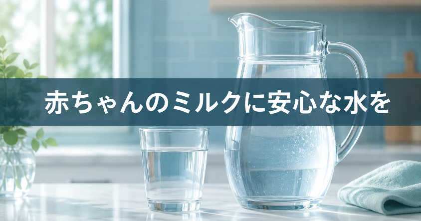 明るいキッチンでガラスピッチャーとコップに注がれた透明な水。赤ちゃんのミルクに安心な水を選ぶ記事のアイキャッチ画像