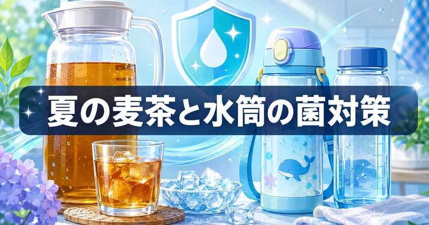 麦茶のピッチャーと子ども用水筒や氷が並ぶ涼しげなキッチンに、夏の麦茶と水筒の菌対策という文字が入ったアイキャッチ画像