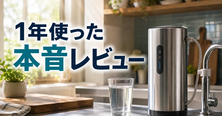 朝の光が差すキッチンに置かれたステンレス製の据置型浄水器とグラスの水。「1年使った本音レビュー」の文字入りアイキャッチ