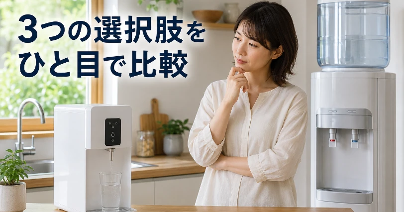 明るいキッチンで卓上浄水器とウォーターサーバーを見比べて考える女性の写真。3つの選択肢を比較する結論セクションの挿絵