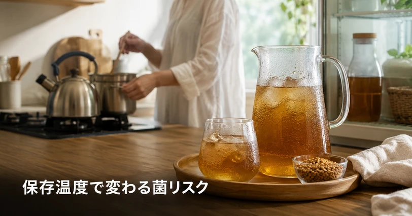 やかんで煮出した麦茶と冷たい水出し麦茶のピッチャーが並ぶキッチンで、保存温度によって菌の増え方が変わることを思わせるイメージ
