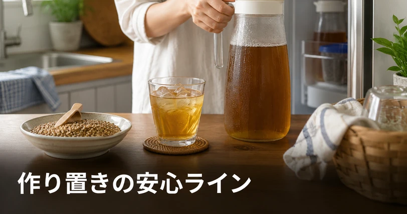 冷蔵庫の前で麦茶のポットを開ける手と大麦の粒が写り、作り置きの日持ちの目安を思わせるイメージ