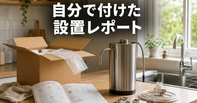 開梱した段ボール箱と説明書、設置前の据置型浄水器が並ぶキッチン。申込みから自分で設置するまでの記録の章のイメージ