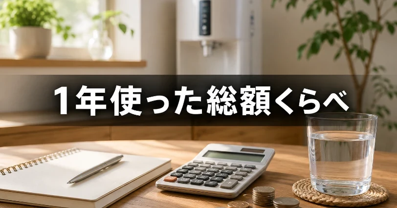 電卓とノート、硬貨、水のグラスを置いた机の写真。1年間の浄水器レンタル費用を計算するセクションの挿絵