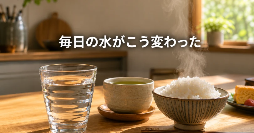 朝食のテーブルに並んだグラスの水・緑茶・湯気の立つ炊きたてごはん。水の味の変化を表す食卓のイメージ