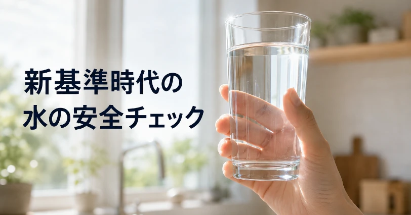 明るいキッチンで透明な水のグラスを光にかざす手元の写真。PFAS新基準と衛生リスクを確認する安全性の章の挿絵