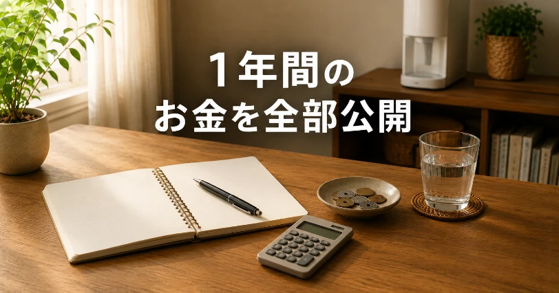 家計ノートと電卓、小皿に入った硬貨、グラスの水が並ぶ机。1年間の費用を正直に公開する章のイメージ