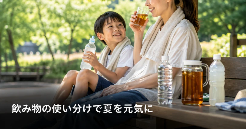 公園のベンチで麦茶と水のペットボトルを飲む親子が写り、夏の水分補給の飲み分けを表すイメージ