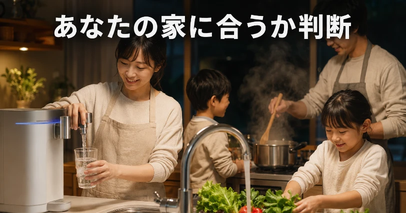 夕食の支度中に浄水器から水を注ぐ家族のキッチン。料理にも水をたっぷり使う家庭のイメージ