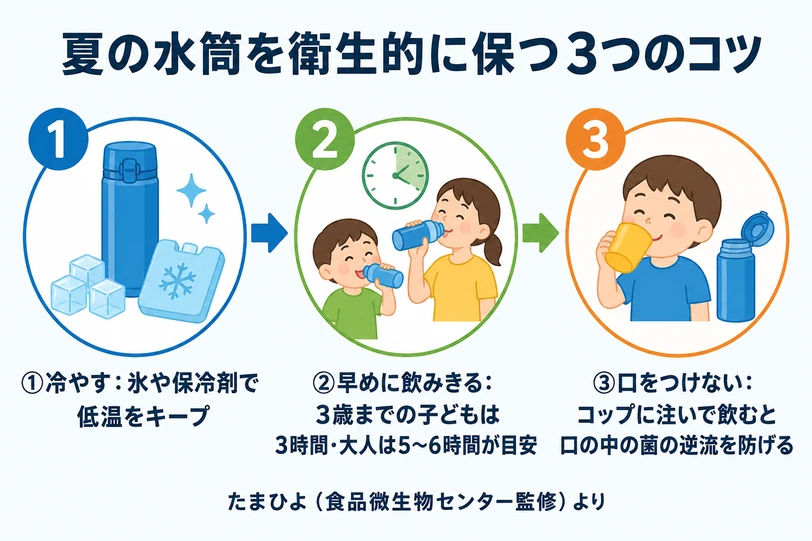 夏の水筒を衛生的に保つ3つのコツの図解。冷やす、3歳までは3時間・大人は5〜6時間で飲みきる、口をつけずコップに注ぐの3ステップ