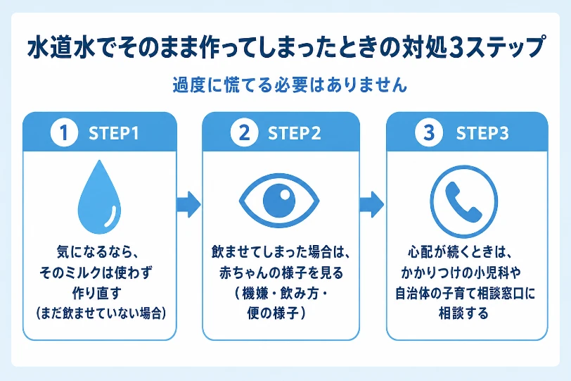 水道水でそのままミルクを作ってしまったときの対処3ステップ図。作り直す・赤ちゃんの様子を見る・心配が続けば小児科や子育て相談窓口へ相談