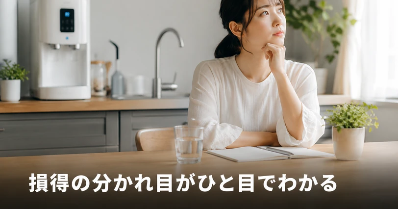 浄水器への乗り換えで得する人と今はやめておくべき人の結論を考える、キッチンで思案する女性のイメージ写真