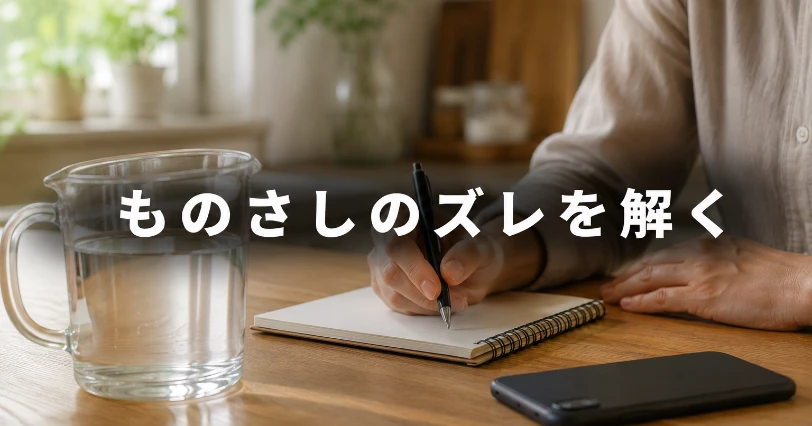 計量カップとメモを前に、水の硬さの数字を確かめようとしている手元。硬度の数字が資料ごとに食い違う理由を表すイメージ