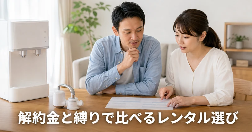 ダイニングテーブルで料金比較の資料を見ながら浄水器レンタルを相談する夫婦の写真。解約金と最低利用期間で比べる章の挿絵