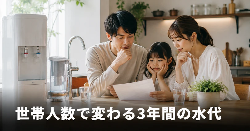 世帯人数別の3年総額と解約金を含めた損益分岐を比べる場面をイメージした、家計を確認する家族の写真