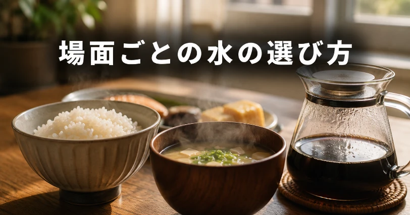 炊きたてのごはん、湯気の立つ味噌汁、ドリップ中のコーヒーが食卓に並ぶ、場面ごとの水の選び方を表すイメージ