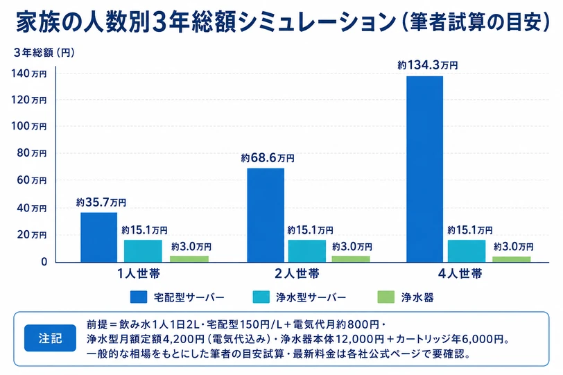 1人・2人・4人世帯別に宅配型サーバー・浄水型サーバー・浄水器の3年総額を比べた棒グラフ