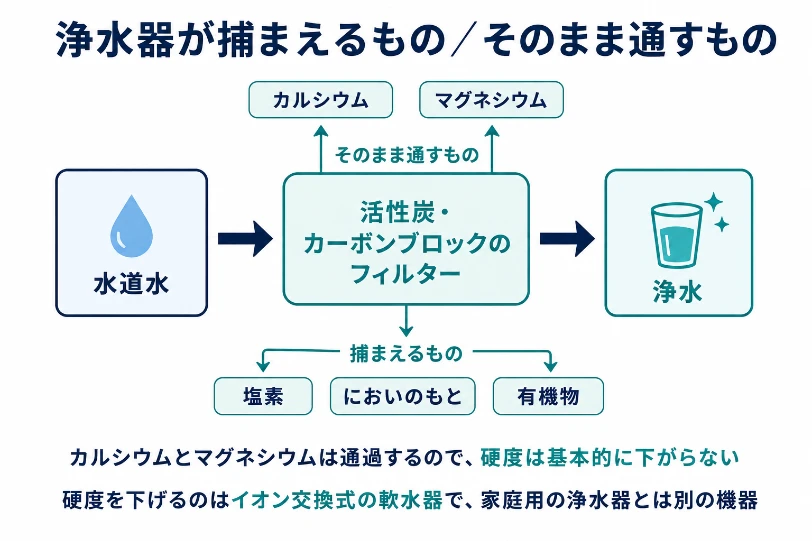 活性炭・カーボンブロック浄水器が捕まえるものと通すものを示した流れ図。塩素・においのもと・有機物は捕まえ、カルシウムとマグネシウムは通るため硬度は下がらないことを表す