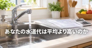 明るいキッチンの蛇口から水が流れ、シンク横に水道の検針票と電卓が置かれた場面に「あなたの水道代は平均より高いのか」の文字を重ねたアイキャッチ