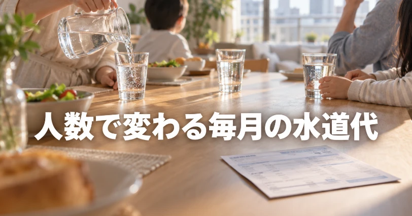家族のダイニングでグラスに水を注ぎ、テーブルに検針票が置かれた朝の風景。世帯人数別の水道料金の平均を紹介する章のイメージ