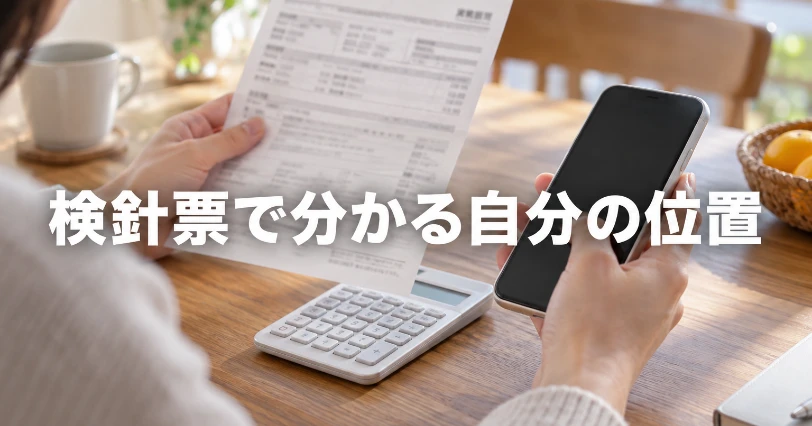 テーブルで水道の検針票とスマートフォンを手に取り、電卓で確認している手元。検針票で自分の請求額を判定する3ステップの章のイメージ