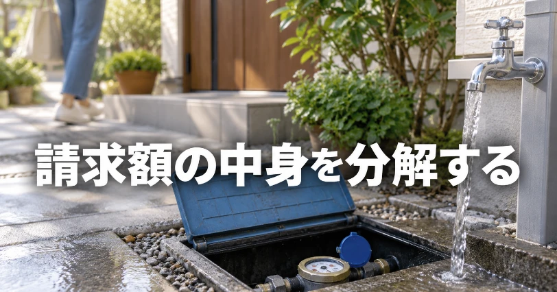 住宅の玄関脇にある水道メーターボックスと、そばの蛇口から流れる水。基本料金・従量料金・下水道使用料の仕組みを解説する章のイメージ