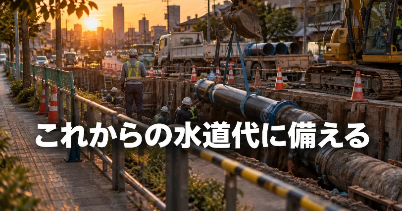 夕方の道路工事で古い水道管を新しい管に交換している現場。水道料金の値上げと無償化の動向を解説する章のイメージ