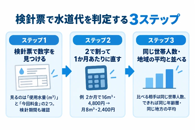 検針票で水道代を判定する3ステップの図。ステップ1は検針票で使用水量と今回料金を見つける、ステップ2は2で割って1か月あたりに直す(例:2か月16m³・4,800円→月8m³・2,400円)、ステップ3は同じ世帯人数・地域の平均と並べる
